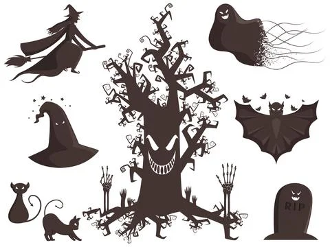 Illustration of Spooky Tree with Witch Flying Broom, Ghost, Bats, Cartoon C.. Stock Illustration