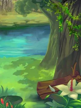 Illustration: Spring Forest, Green Grass, Tree Shadow, Beautiful Flowers at Rive Stock Illustration