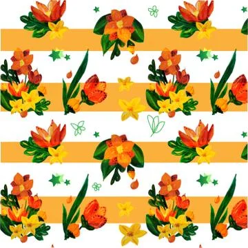 Illustration of spring or summer red and yellow flower bouquet with green lea イラスト素材