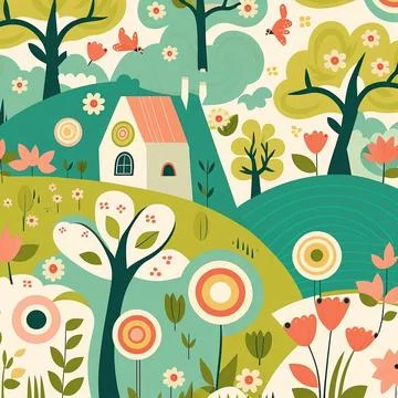 Illustration of spring pattern with bloom flowers and trees Stock Illustration