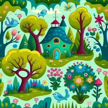 Illustration of spring pattern with bloom flowers and trees Stock Illustration