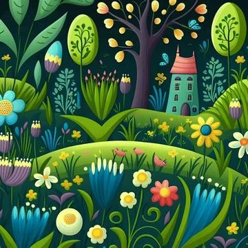Illustration of spring pattern with bloom flowers and trees Stock Illustration
