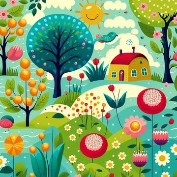 Illustration of spring pattern with bloom flowers and trees Stock Illustration