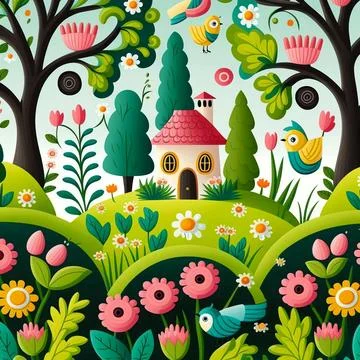 Illustration of spring pattern with bloom flowers and trees Stock Illustration