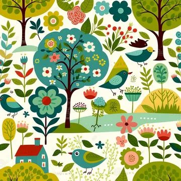 Illustration of spring pattern with bloom flowers and trees Illustrazione stock