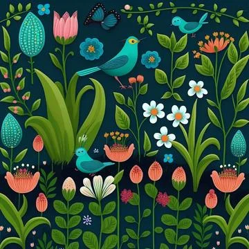 Illustration of spring pattern with bloom flowers and trees Stock Illustration
