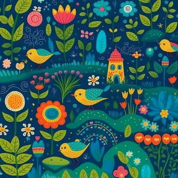 Illustration of spring pattern with bloom flowers and trees Stock Illustration