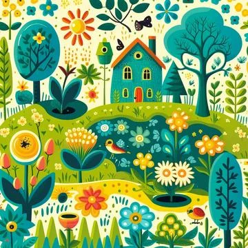 Illustration of spring pattern with bloom flowers and trees Stock Illustration