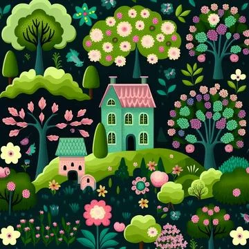 Illustration of spring pattern with bloom flowers and trees Stock Illustration