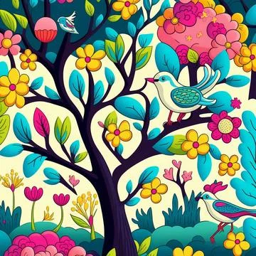 Illustration of spring pattern with bloom flowers and trees Stock Illustration