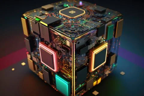 Illustration of square shaped quantum computer on dark background Stock Illustration