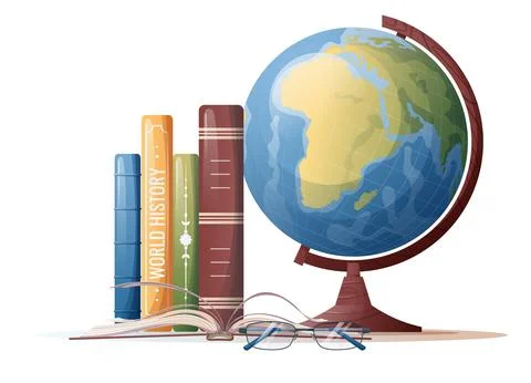 Illustration of a stack of books and a globe. School theme, study, education. Stock Illustration