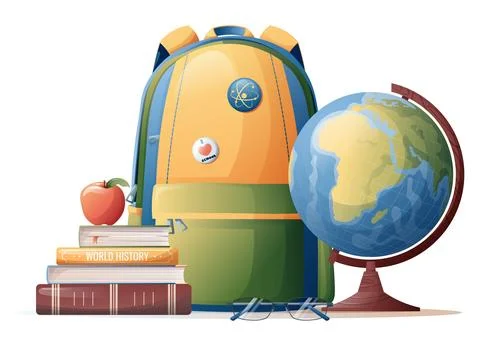Illustration of a stack of books, a backpack and a globe. School theme, study Stock Illustration