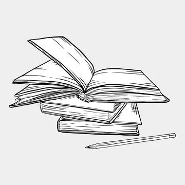 Illustration of a stack of books with an open book on top and a pencil, rep.. Stock Illustration