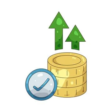 Illustration of stack of coins with an upward arrow and checkmark Stock Illustration
