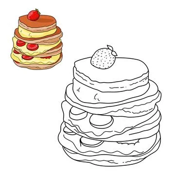 An illustration of a stack of pancakes topped with cream and fresh strawberries; Stock Illustration