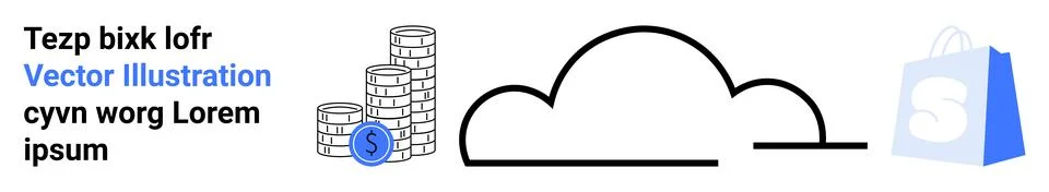 Illustration of stacked coins, a cloud computing icon, and a shopping bag. Id Illustrazione stock
