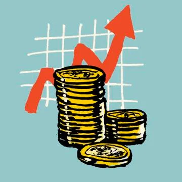 Illustration of stacked coins with progress graph against blue background Stock Illustration