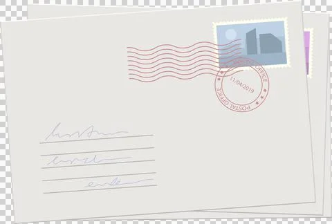 Illustration of stacked envelopes with postage, postal mark, handwriting, a.. Stock Illustration