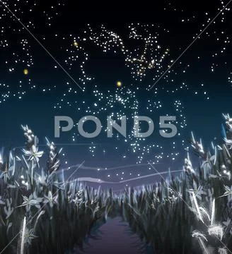 Illustration of a starry sky over a field Stock Illustration