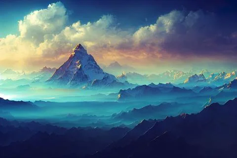 Illustration of steep snowcap mountain range under sunset clouds Stock Illustration