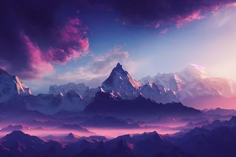 Illustration of steep snowcap mountain range under colorful sunset clouds Stock Illustration