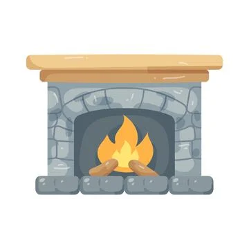 Illustration of stone fireplace with burning logs Stock Illustration