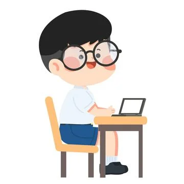Illustration of Student Using Laptop at Desk 스톡 일러스트