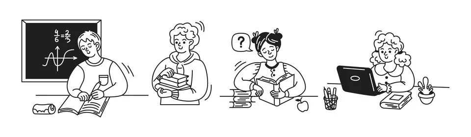 Illustration of Students Studying in Classroom Setting Stock Illustration
