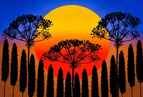 Illustration of sunset in the forest abstract blue background Ilustración de archivo