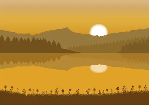 Illustration of a sunset over a lake vector Stock Illustration