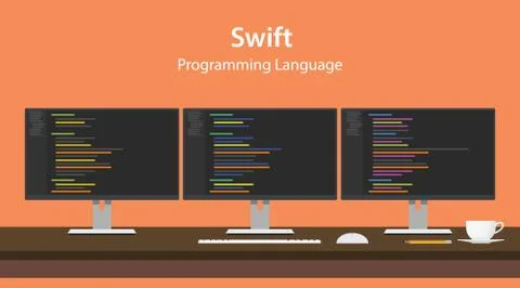 Illustration of Swift programming language code displayed on three monitor in a Stock Illustration