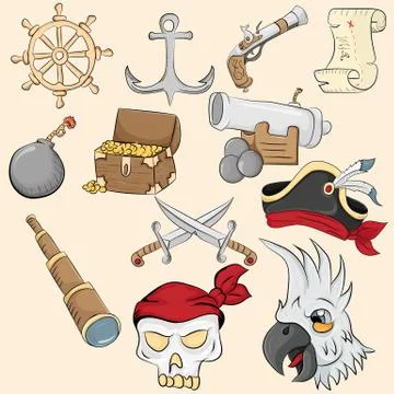 Illustration of symbols and objects associated with piracy Stock Illustration
