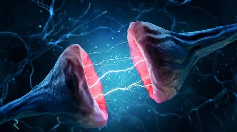Illustration of synapse and neuron on a blue background. Stock Illustration