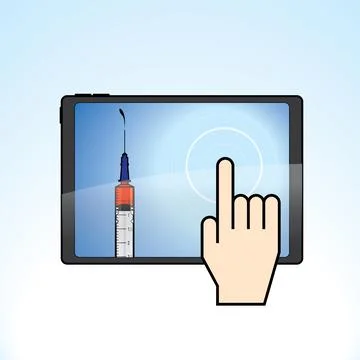 Illustration of a syringe and a Tablet computer on a light blue gradient back Stock Illustration