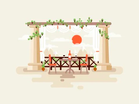 Illustration of table between the columns with a bottle  wine and glasses Stock Illustration