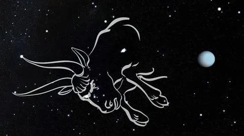 Illustration of a Taurus over the constellation in the night sky with a 3D rende Ilustração Stock