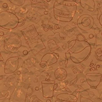 Illustration with tea and sweets elemements on old paper background Stock Illustration