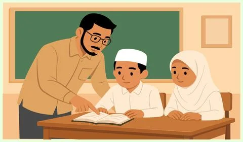 Illustration of a teacher teaching two students in class Stock Illustration