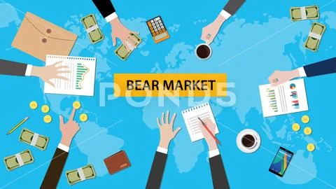 Illustration of a team discussion about bear market in a meeting with paperworks Stock Illustration