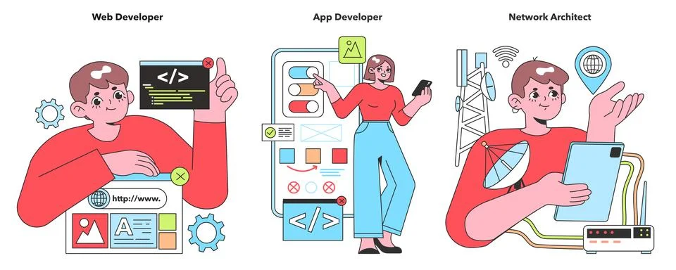 Illustration of tech experts, featuring a focused Web Developer, a creative App Stock Illustration