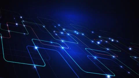 Illustration of a techno technology design of luminous lines on a dark blue Stock Illustration