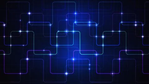 Illustration of a techno technology design of luminous lines on a dark blue Illustrazione stock