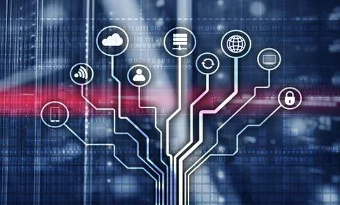 Illustration Telecommunication concept. Binary code on large data center Stock Illustration