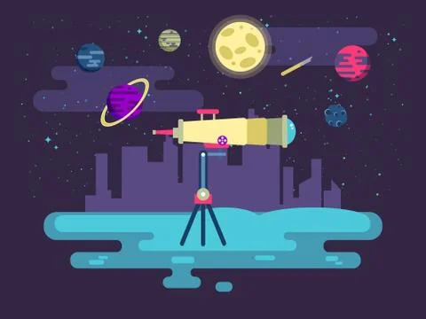 Illustration of a telescope on background outer space in  flat style Stock Illustration