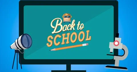 Illustration of telescope with microscope and back to school text with bus on Stock Illustration