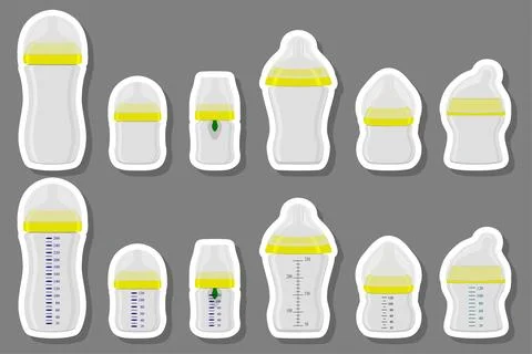 Illustration on theme big colored kit baby milk in bottle with rubber pacifie Stock Illustration