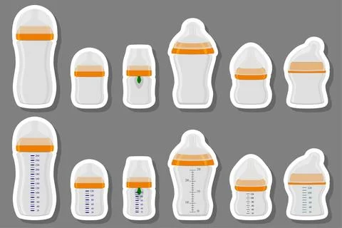 Illustration on theme big colored kit baby milk in bottle with rubber pacifie Stock Illustration