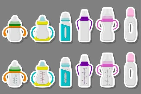 Illustration on theme big colored kit baby milk in bottle with rubber pacifie Stock Illustration
