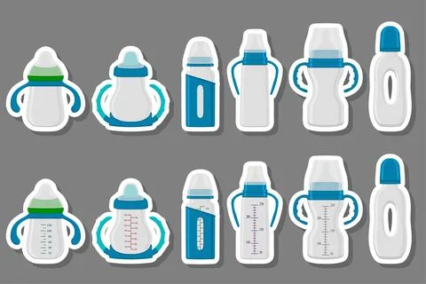 Illustration on theme big colored kit baby milk in bottle with rubber pacifie Stock Illustration